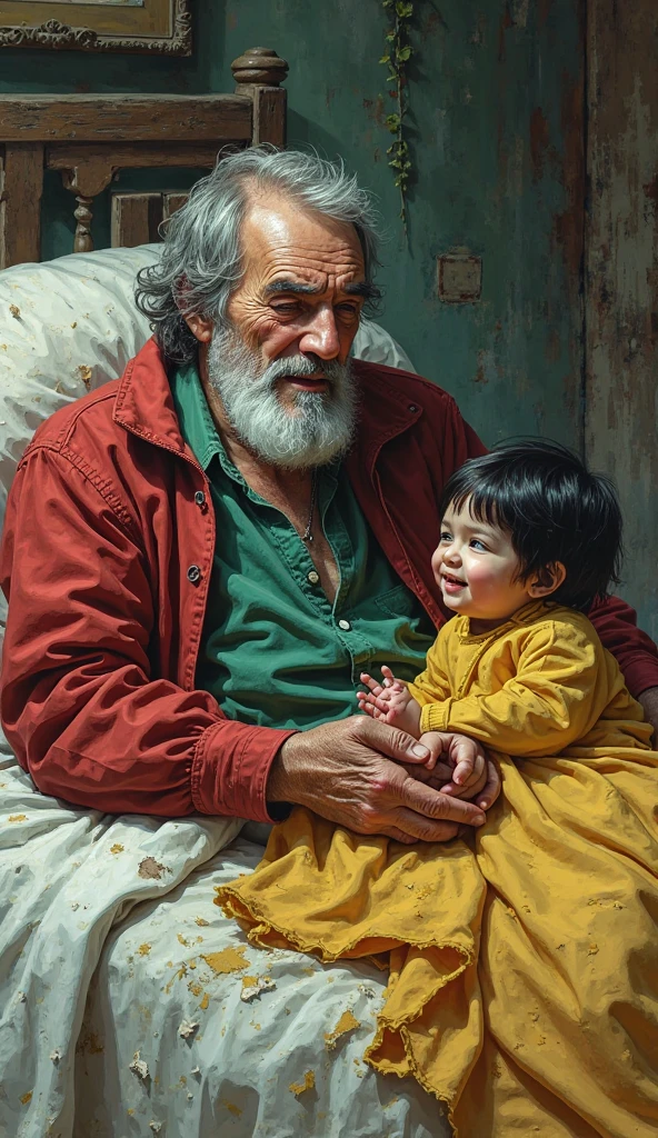 Grandfather spends his final moments peacefully in bed、Skinny old man in pajamas:1.7、An old man who overcame countless hardships and enjoyed life to the fullest、A loving family、Grandchildren nearby、Very thin old man、The last moments of the life of a man who is smiling with anticipation as he goes to the afterlife where his grandmother is waiting for him