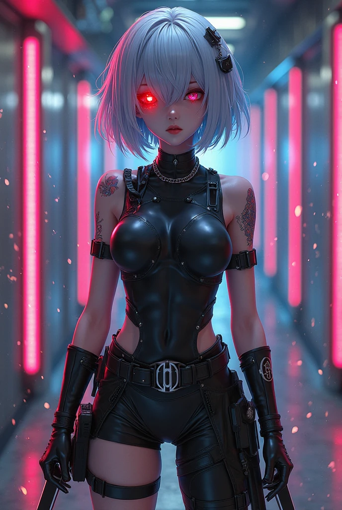 appearence a teenage girl,red eyes,albino,calm,quiet,cute,pretty,full body,looking ahead,short hair combed back,red outfit,black short,tied hair,spider verse suit,serious look,cyberpunk background