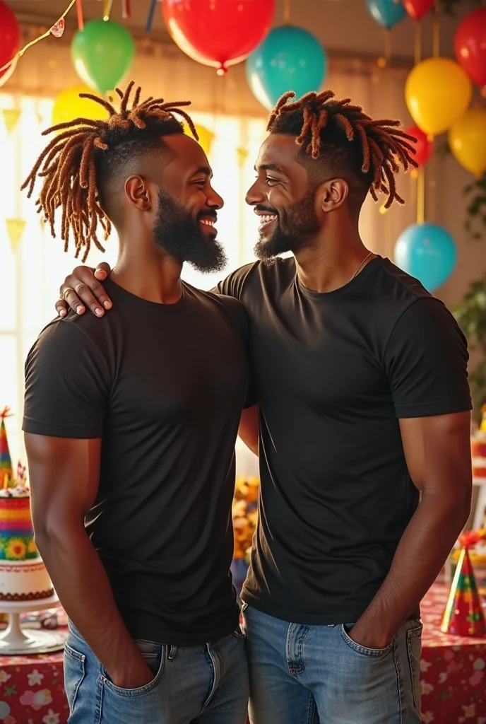 A black man with red hair and his muscular male partner with long, wavy, brown hair in the forest.