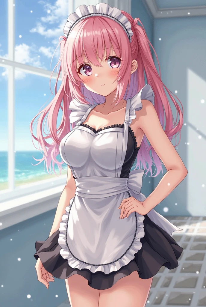 masterpiece、highest quality、Very detailed、Photograph the upper body、1 female、(Arms behind your back:1.4)、Are standing、Turn your body forward、View your viewers、(White prim、Maid:1.1、School Swimsuit:1.1、Waist Apron)、blush、shy、Pink Hair、Open your mouth、Ocean、Big Breasts、