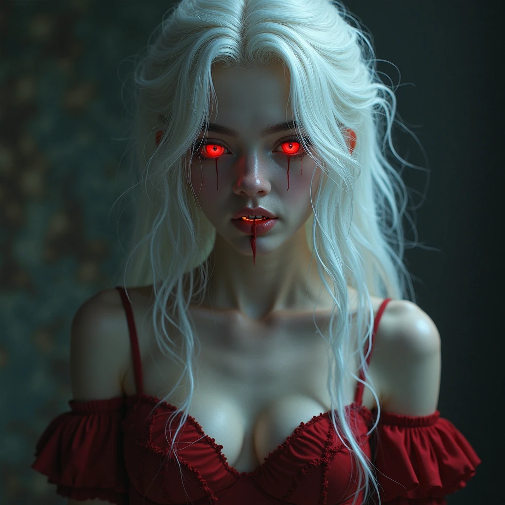 there is a woman with a red dress and a black background, with red glowing eyes, female vampire, with glowing red eyes, red glowing eyes, supermodel in silent hill, vampire the masquerade, eternal darkness, red eyes glowing, lilith, darksynth character portrait, glowing-eyes-and-mouth, glowing red eyes, androgynous vampire, vampire girl