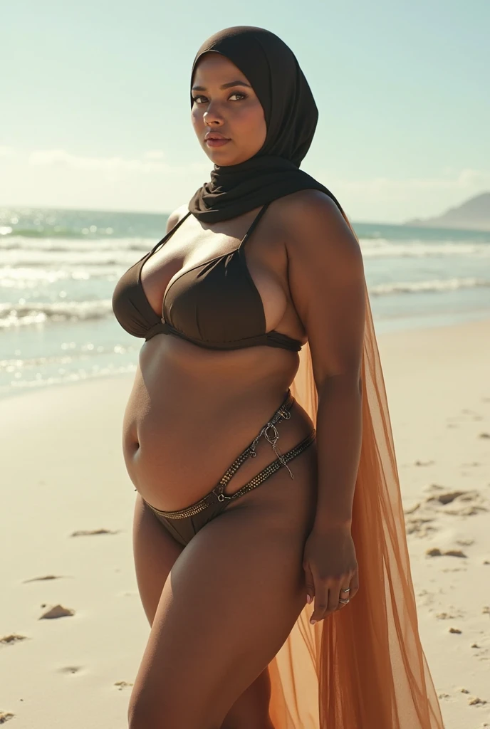 A Plus Size Arabic model on a sunny beach, wearing a stylish bikini paired with a beautifully wrapped hijab. The scene captures the contrast between the traditional and modern, with the model confidently posing by the shoreline, waves gently crashing in the background. The bright blue sky and soft sand add to the serene atmosphere. The model's expression is confident and serene, reflecting a blend of cultural heritage and contemporary fashion in a unique beach setting