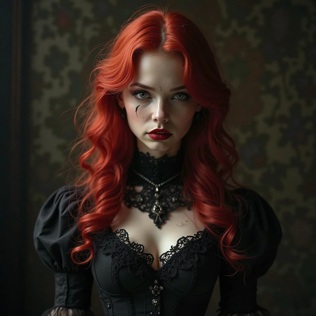 (masterpiece, best quality), 1girl, red hair, medium chest, gothic frill dress, pervert face,