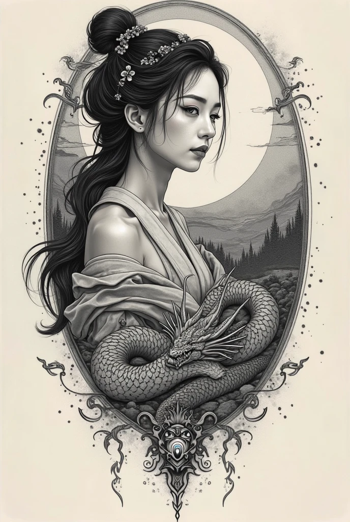 girl and dragon, slim, sexy girl, with a very sexy lace dress, very long brown hair, Korean features, sexy dress, magic, moon, , eroticism, sexy, black and white image, between shadows, oil painting, chiaroscuro, sensual, dramatic lighting, moody atmosphere, sketch, intricate details, masterpiece, ultra-detailed, high quality, 8k, best quality, realistic, cinematic, dark and brooding, expressionistic, powerful composition, emotional impact, art inspired by Bill Sienkiewicz and Dave McKean