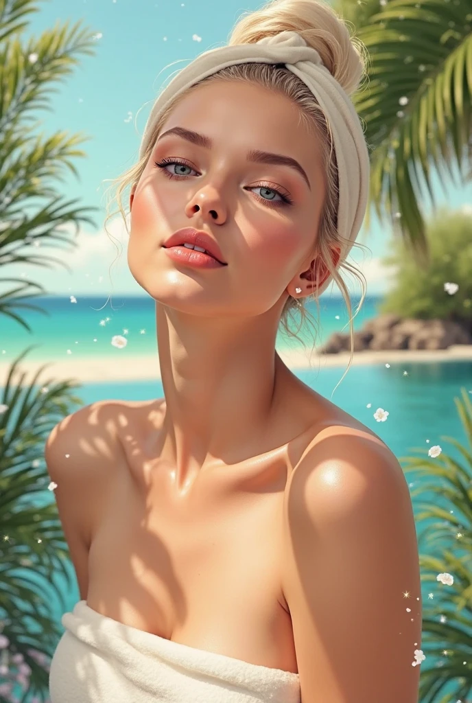 Girl stuk on a islands wearing little to no clothes. Has big boobs,hair is short whit and cruly