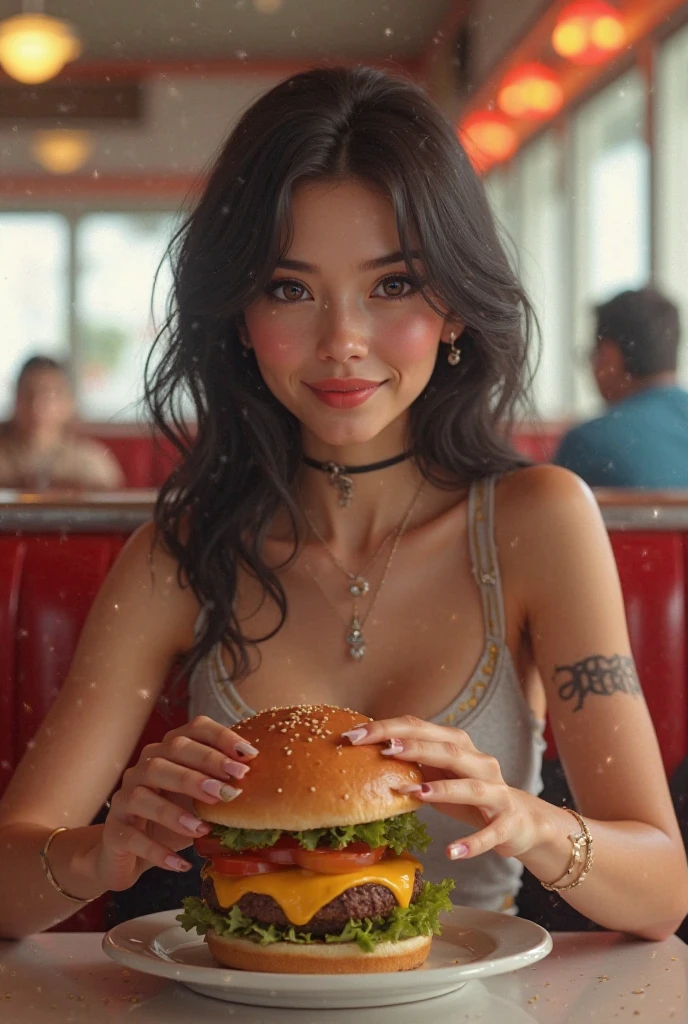 A beautiful woman ((sitting at a table ready to eat hamburger set with coke, burger, chicken nuggets, coke)), medium hair, black hair, McDonald's background, McDonald's interior, 8k Ultra HD, DSLR camera, soft lighting, high quality, film grain, Fujifilm XT3