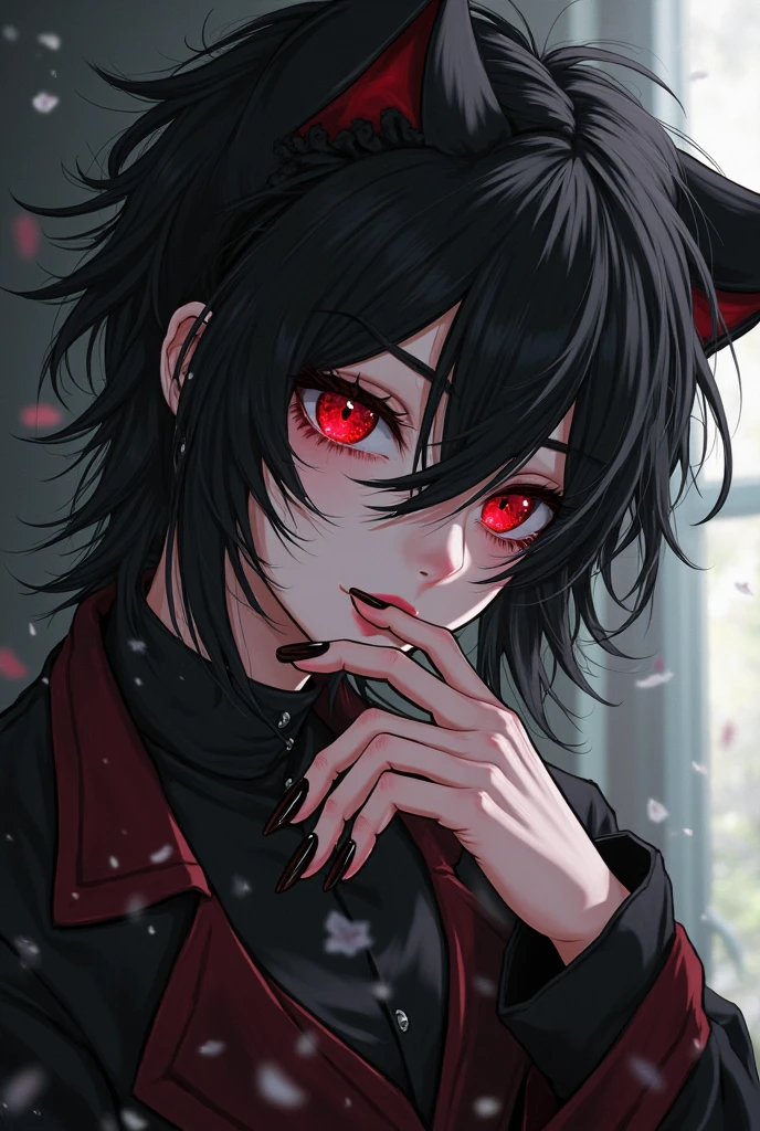 anime man with fluffy dark hair, top angle, looking up, close up, head only in frame, two fingers inside his mouth, eyes looking up head looking up top view hot anime man style lineart, nsfw, hand in his mouth, close up view, wearing blue hoodie, wearing cat ears,