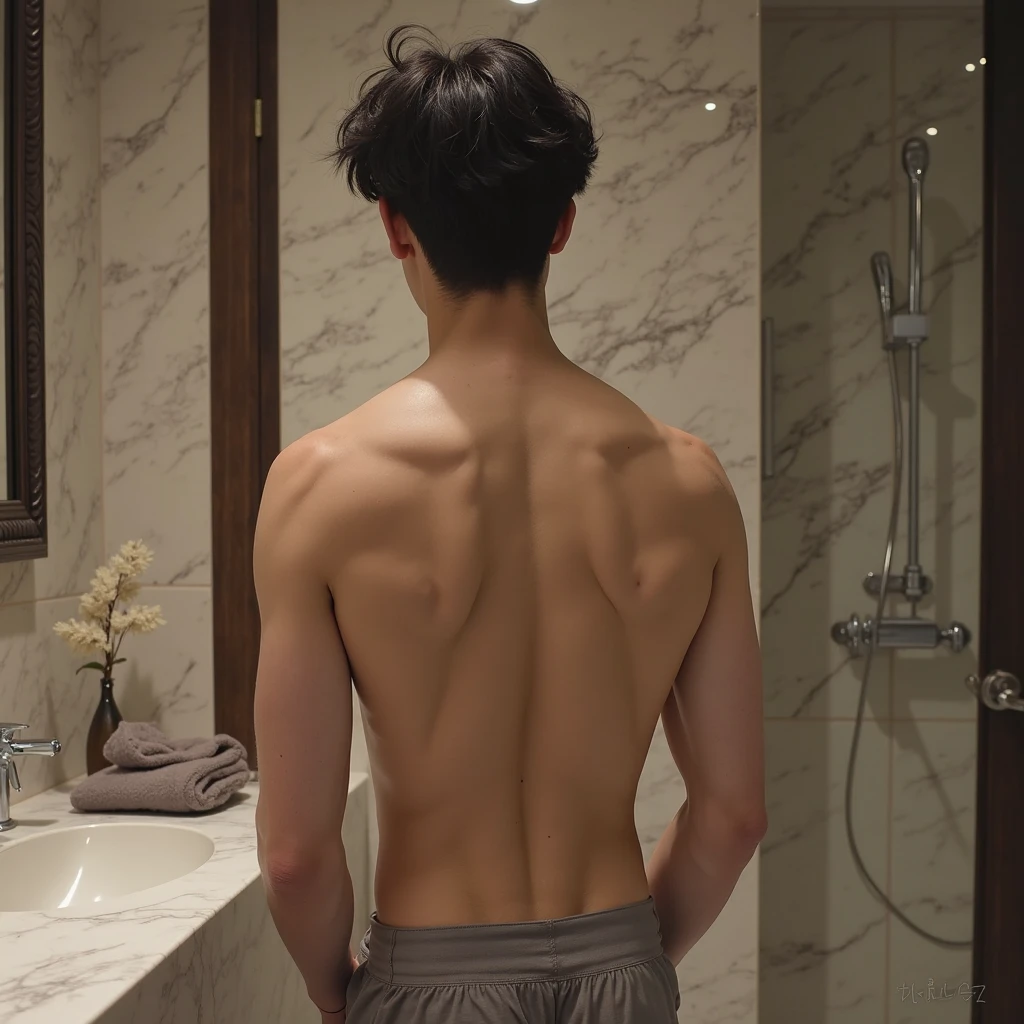 Handsome Japanese man、Luxury hotel bathroom、Back view、Butt、Long legs、Half face looking at camera、smile、Completely naked