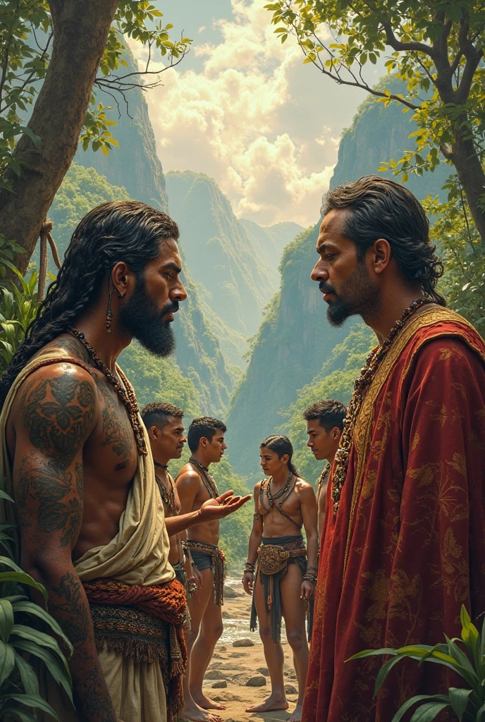 Dois homens, an indigenous man and a white man meeting for the first time in a tropical forest