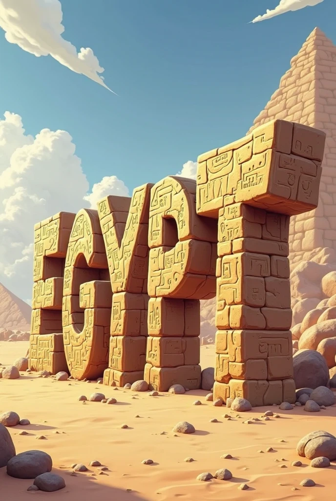 Egypt**: A 3D "E" in the same font, with the Pyramids of Giza and the Egyptian flag, with a sprinkle of ancient desert sand.
