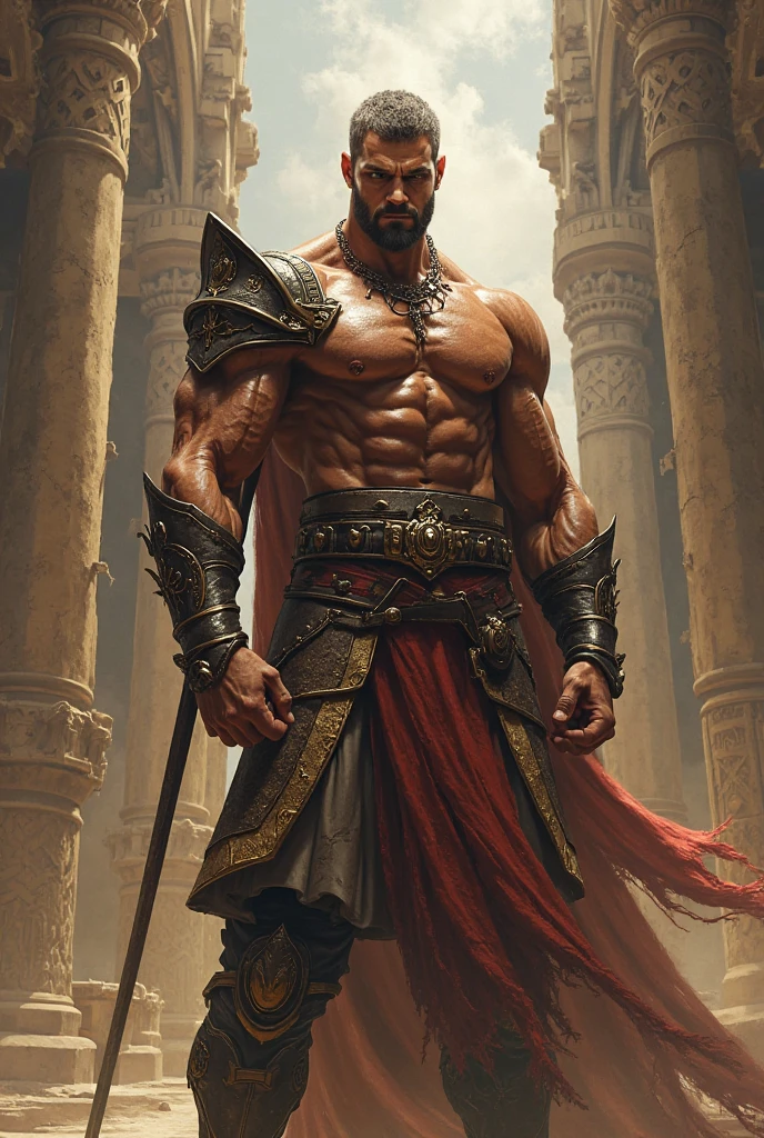 (photorealism:1.2), beautiful man, dark eye, black hair, armor, Flail, muscular, short straight hair, indoors, soft dark, window with moonlight, War in the background, challenging pose, realistic, intricate details, warm colors, bdsm, hot warrior.
