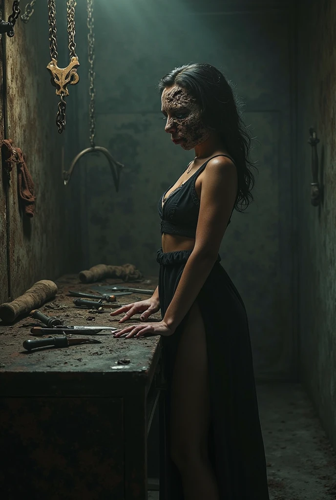 The women along siting in a dark room and his crying background like a dark room with some warm Yellow light his waring a black dress and his use knife to cut his hand and his crying