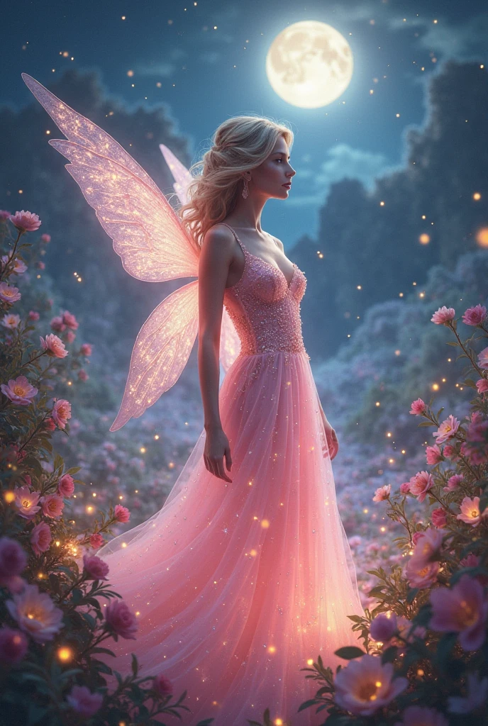 (medium full shot) of (otherworldly fairy) young woman, italian, green eyes, tan skin, curvy, wearing a __cf-fairy/dress__, gold ballet flats, pastel pink long, flowing hair with floral accents, sparkling fairy wings, glittery mascara,star-shaped brooch, laughing, jumping in the air, set in a magical flower meadow, where each bloom has a unique, otherworldly color and the air shimmers with enchantment, under the moonlight, Masterpiece,best quality, photorealistic, amazing quality, very aesthetic, extremely detailed face,