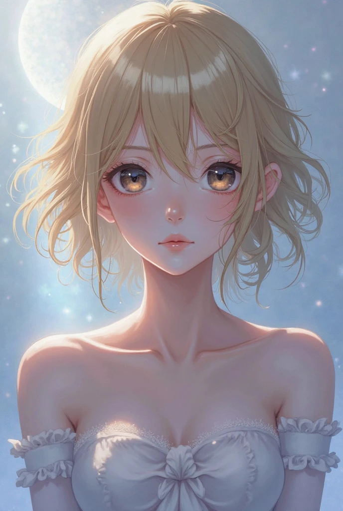 blonde, short hair, girl１,  in the night Poolside, upper body, completely nude, (small nipples:1.2), (small areolas:1.2), kawaii, cute, pale purple eyes,