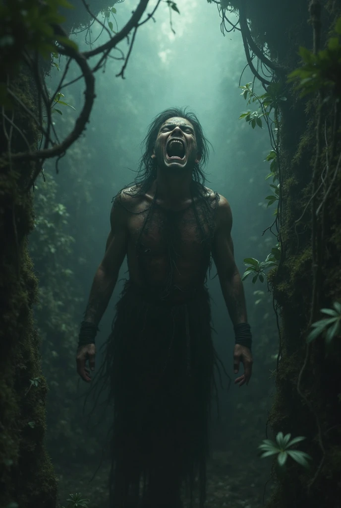 a long hair rugged Malay man, walking and holding a malay woman head in his left hand. his right hand holding a long bloody machete. fierce face, revenge vibe. background of tropical forest. cinematic shot. horror film still. asian horror movie. evil, eerie, gore film, criminal film. 