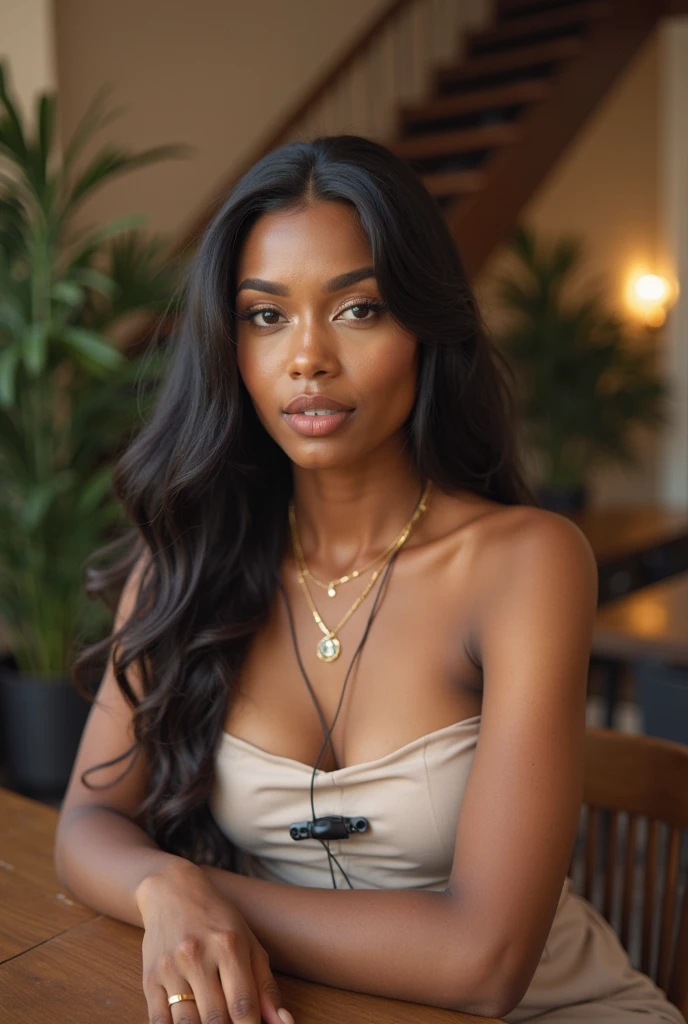 Black woman. Long black hair. Very mindful. Very Demure.  Sitting in a canteen in Africa.Ultra high resolution.