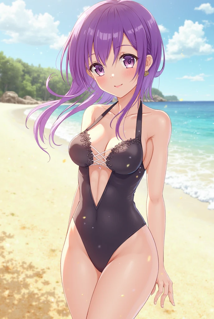 mare,Sun-drenched beachside,Glossy light brown and light purple hair,Light brown and green and black,Fluffy bun hair,skinny,Colorful and luxurious swimwear,Underwear is full of frills,Pose in a standing position,Wear long-sleeved winter clothes over a swimsuit,Beautiful and glossy bare feet,reddish,white,happily face,Smile on his face,Face of pleasure,AHE Face,ecstacy,Slightly disheveled clothes,Nipple bumps,Fornication,SEX,The figure is too thin,