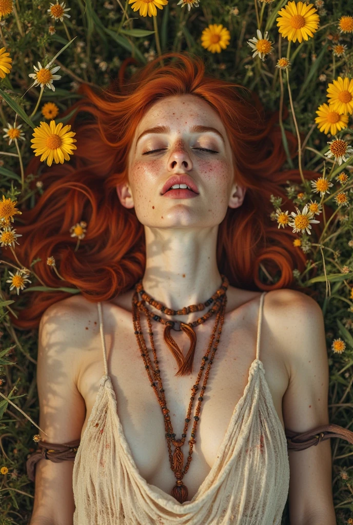 a naked woman with long red hair lying in a field of white flowers, arms wrapped around her head, beautiful detailed areola, unshaved red pubic hair, detailed skin texture, natural lighting, cinematic composition, soft focus, photorealistic, hyper detailed, 8k, award winning portrait