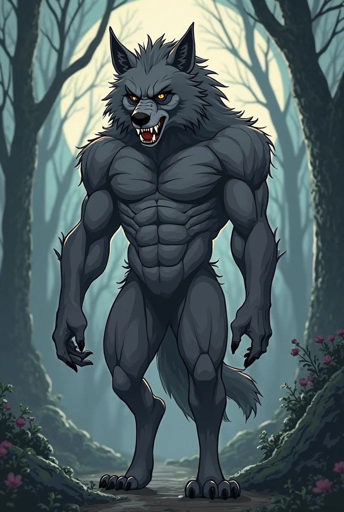 Monstrous werewolf with fierce face, rage, ferocious, frenesi, mystical forest background, night, full moon