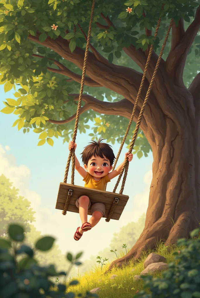 An old wooden swing hanging from a sturdy tree branch, swaying gently in the breeze as children take turns playing on it. Nostalgic, detailed, digital painting, rustic charm, playful atmosphere, dappled sunlight. --auto --s2