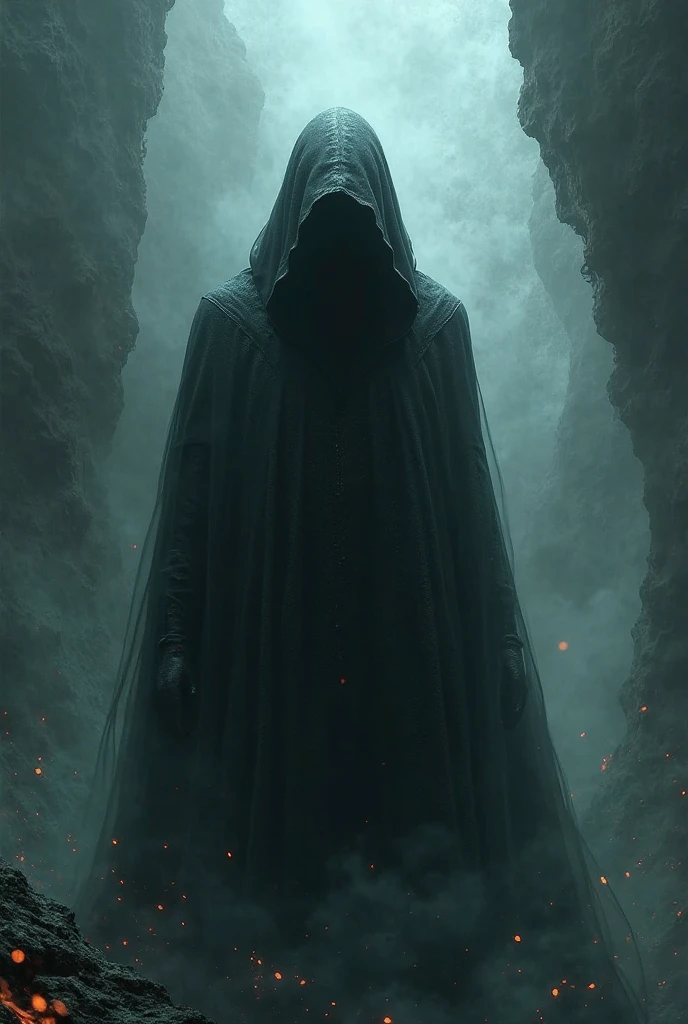 a faceless man with a scene of mystery and fear. There are caves on the side, and a dark bottom with blood