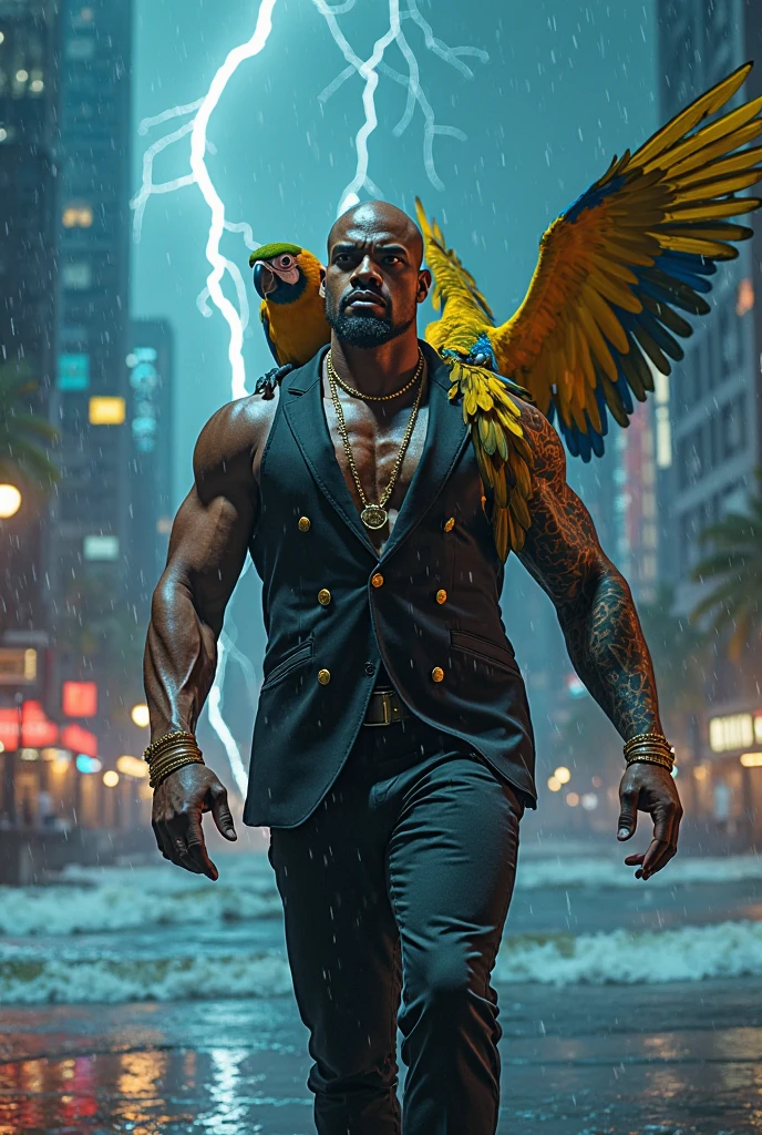 Hyperrealistic image of an African superhero burlesque dancer with two huge symmetrical rainbow wings very old and very sweaty gray-haired bodybuilder over 50 years old very muscular and fat More than 200 kilos in weight with a naked torso.big flabby pecs brown nipples and big gray mustaches with huge tattooed arms dressed in lace lingerie on a burlesque stage