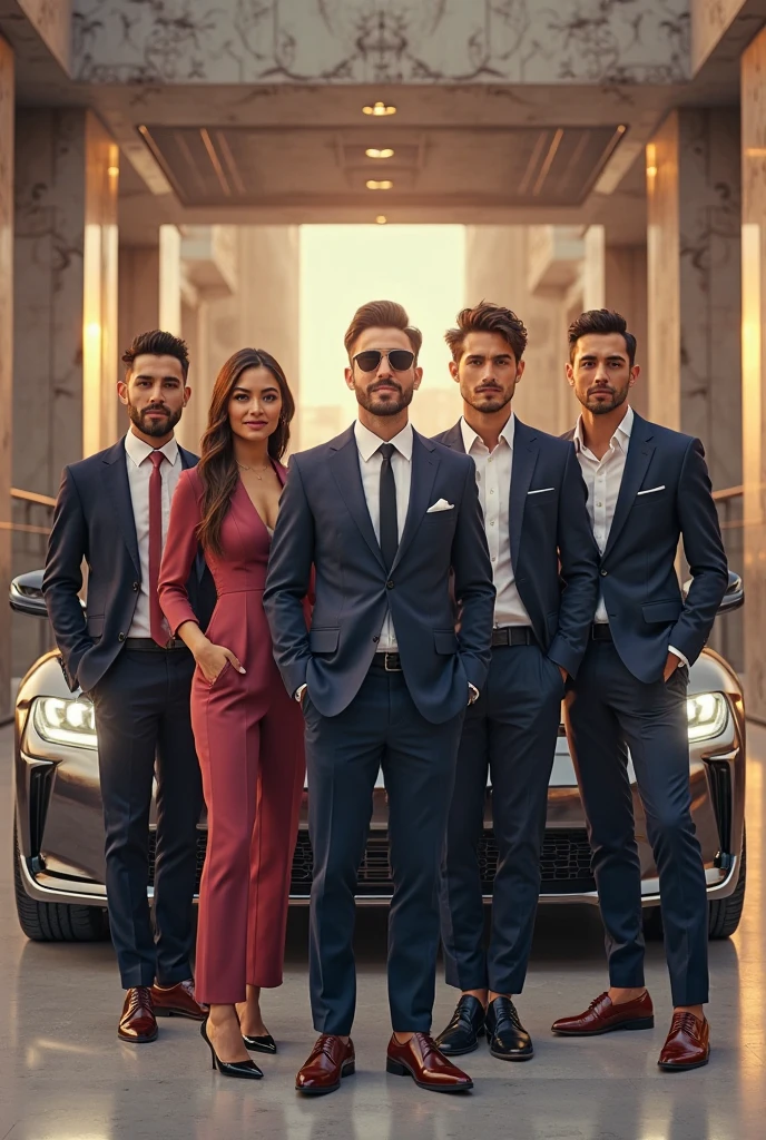 A charismatic young magician, blue formal dress with gold, with jewelry and dollars coming out of his pocket, is standing confidently. Next to you, two stunning women, dressed in sophisticated and minimalist clothes, super sexy, representing wealth and attraction. Ao fundo, a ferrari car and helicopter with women beside. High-end sports cars, like a Porsche and an Aston Martin, are highlighted, highlighting a life of wealth and luxury. The scene captures the essence of magical opulence and financial success., with each element emphasizing ultra-royal wealth and prestige, money, wealth, might, dollars, gold