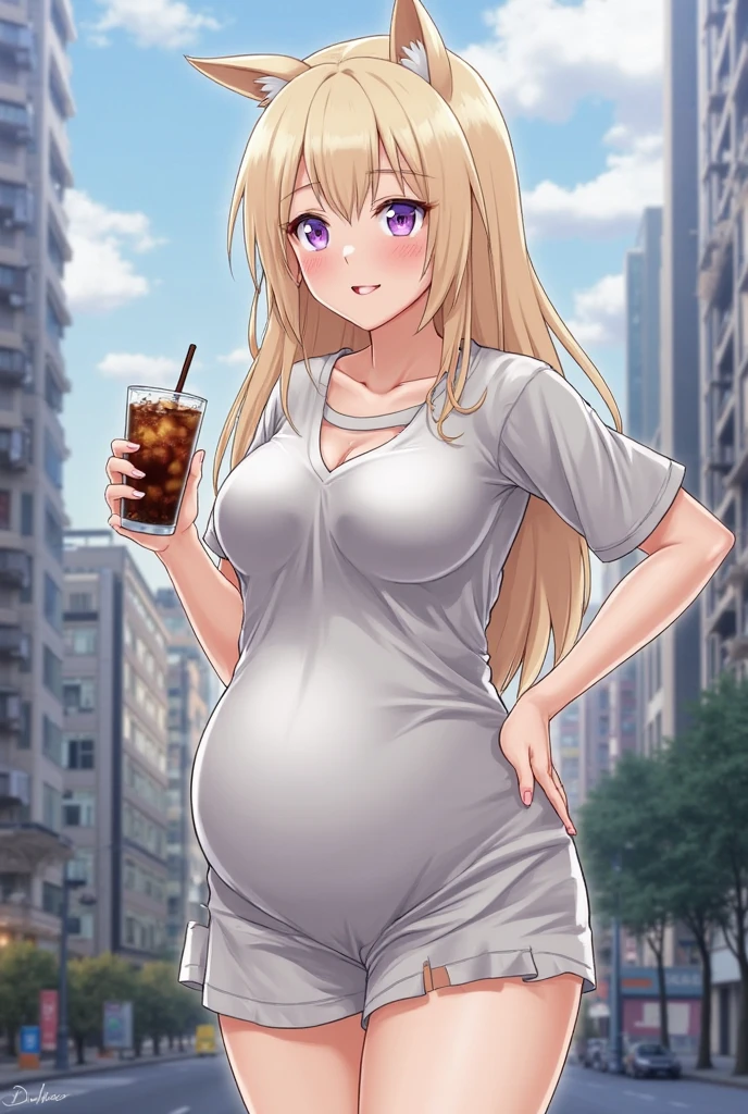 Cynthia, solo, 1girl, masterpiece: 1.2, smile, hair_over_one_eye, topless: 1.3, medium_breasts, full body, standing, in a park, casual wear, tight clothes, sweatpants, with ice cream in hand, black blouse, pregnant, holding ice cream with right hand, her left hand goes under her belly, V-neck blouse, Wide neckline.