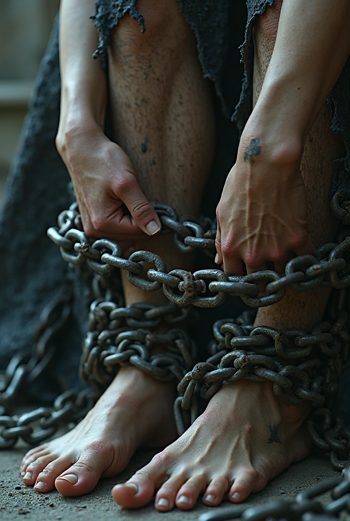 chained feets. Only feets. dusty ground. ashes, rocks. damaged and injured skin. white skin. Feet chained and subdued. silk fabric. skin with snake scale, slave. dungeon.