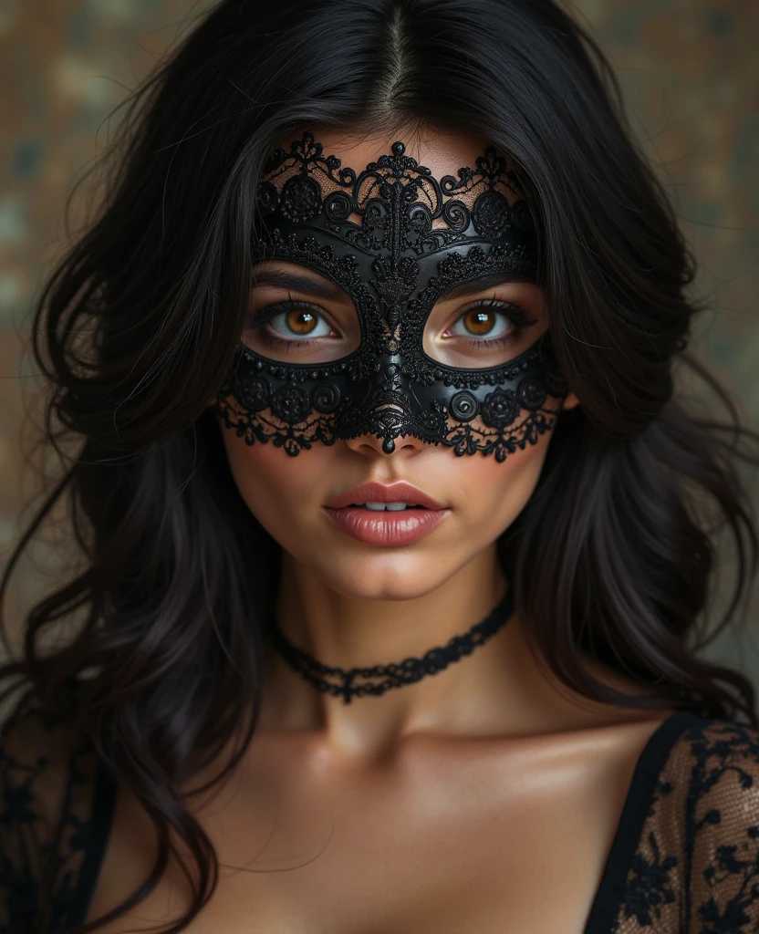 a close up of a beautitful young woman wearing a transparent lacy mask, dreamy gothic girl, elegant render, half body photo, large breasts, ample cleavage, mistress, photoshop render, ebony rococo, elegant girl, medium length brown hair, hair parted to one side, blue eyes, portrait Lika Red, female spy, haunting beautiful young woman, super-hero girl, extravagant dress, beauty girl