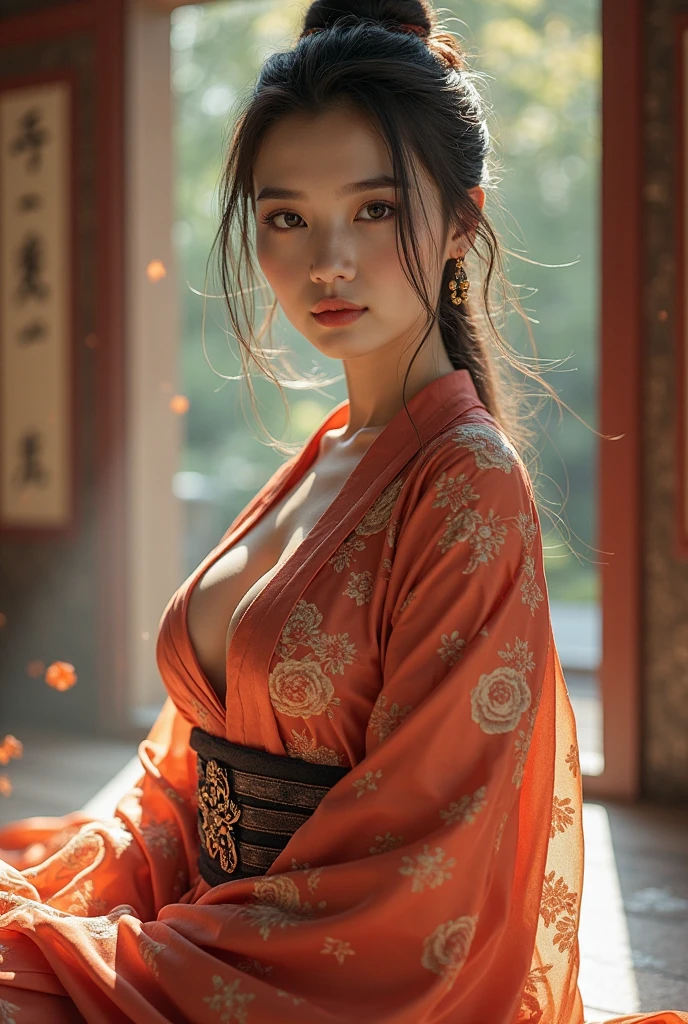 a beautiful japanese woman wearing an ornate kimono with intricate embroidery, extremely large breasts, dark lighting, cinematic, artistic composition, looking at viewer, masterpiece, ultra-detailed, 8k, photorealistic, chiaroscuro lighting, elegant, refined, graceful, serene, mystical, atmospheric