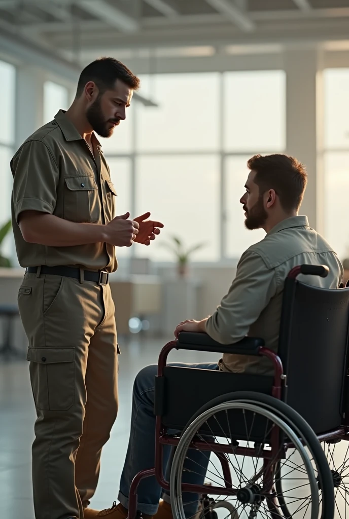 "A navy blue, button-down, long-sleeve shirt made from a breathable cotton-polyester blend, featuring two chest pockets."
"Khaki cargo pants that are sturdy yet comfortable, with multiple pockets for easy accessibility to small items."