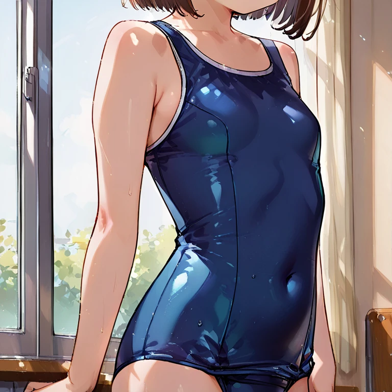 Highest quality、Complete limbs、Full Finger、Black-haired woman、Woman with ponytail、Short Hair Woman、Beautiful busty woman:1.5、(A woman wearing a navy blue one-piece school swimsuit:1.5)、bare hands、barefoot、Sexy pose,rubber school swimsuit,pool