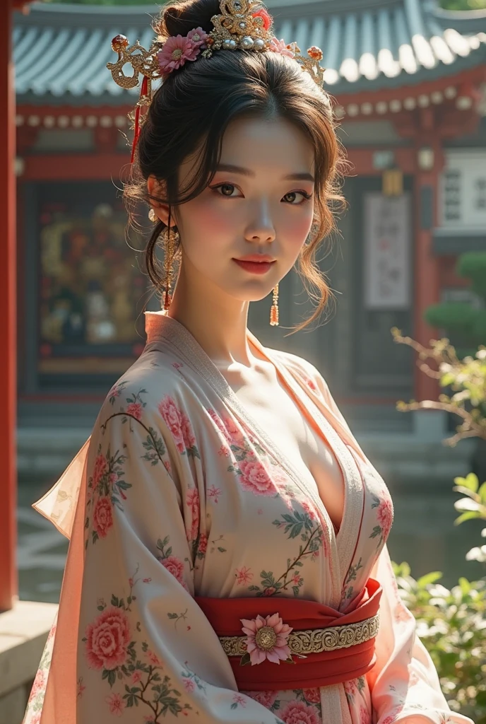 masterpiece, Highest quality,Large Breasts、Red kimono、Cinematic atmosphere、Professional composition、Natural Body、fantasy、flower arrangement、tatami、looking at the camera、real、nature