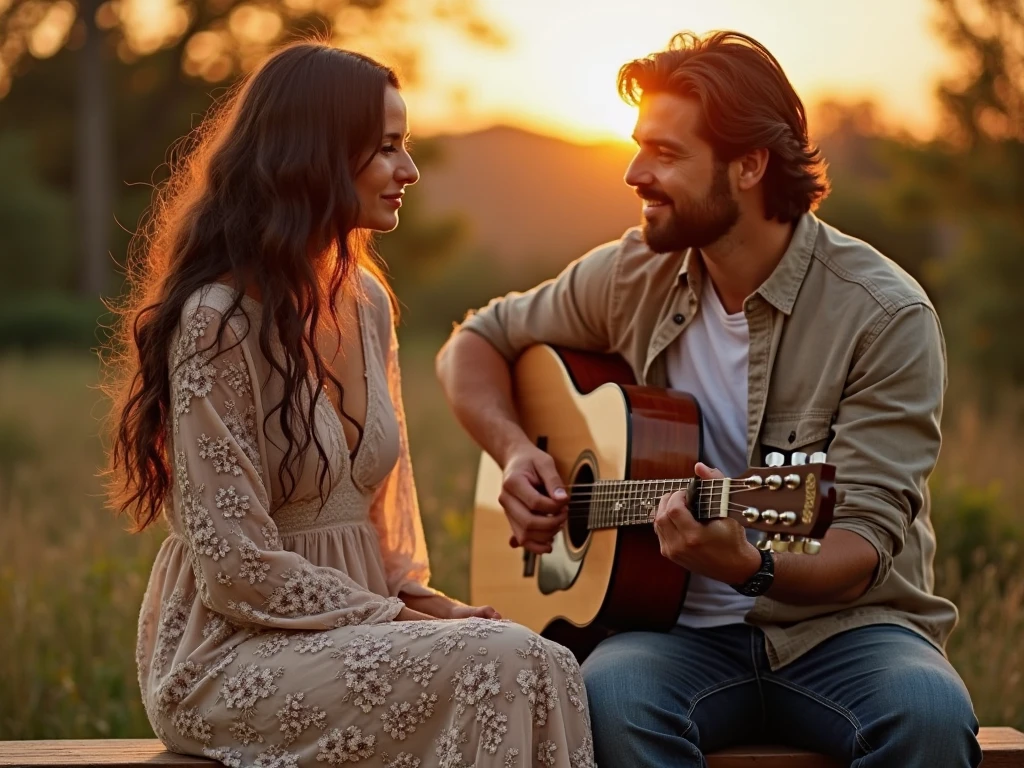 ((best quality)), ((masterpiece)),(detail), perfect face, full body shot of a couple passionately playing the guitar by the beach, a purple sunset, rose petals flying across the sky, with setting sun, romantic style, retro vintage and romanticism, blurred background image, sunset light, golden sunshine, roses, very lots of flying flower petals, rose petals stuck in hair, warm orange background color, subject takes up 1/3 of the frame, hyper-realistic photos, 8k, ultra high resolution, sharp faces