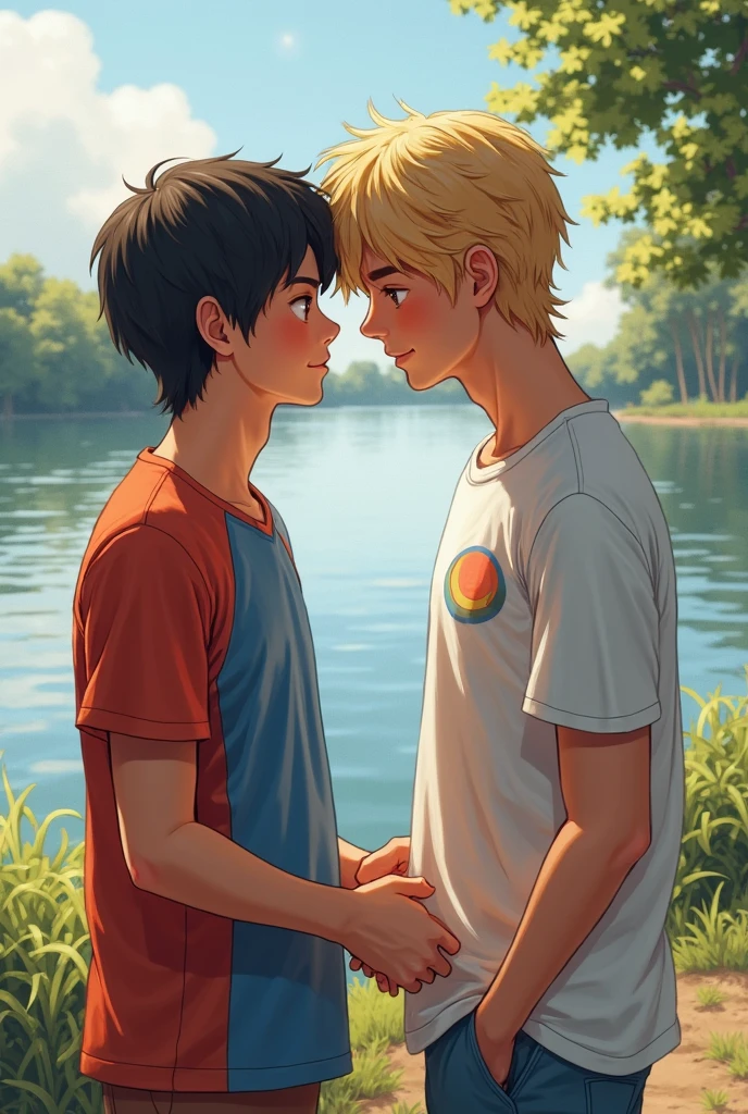 Two boys having anal penetrative sex in a field of blue flowers. The one on top of the other has tanned skin, Blonde hair and green eyes. The other boy at the bottom has lighter skin, black hair and blue eyes. There is a small lake near them and a tree where their clothes are. They are both naked and kissing.