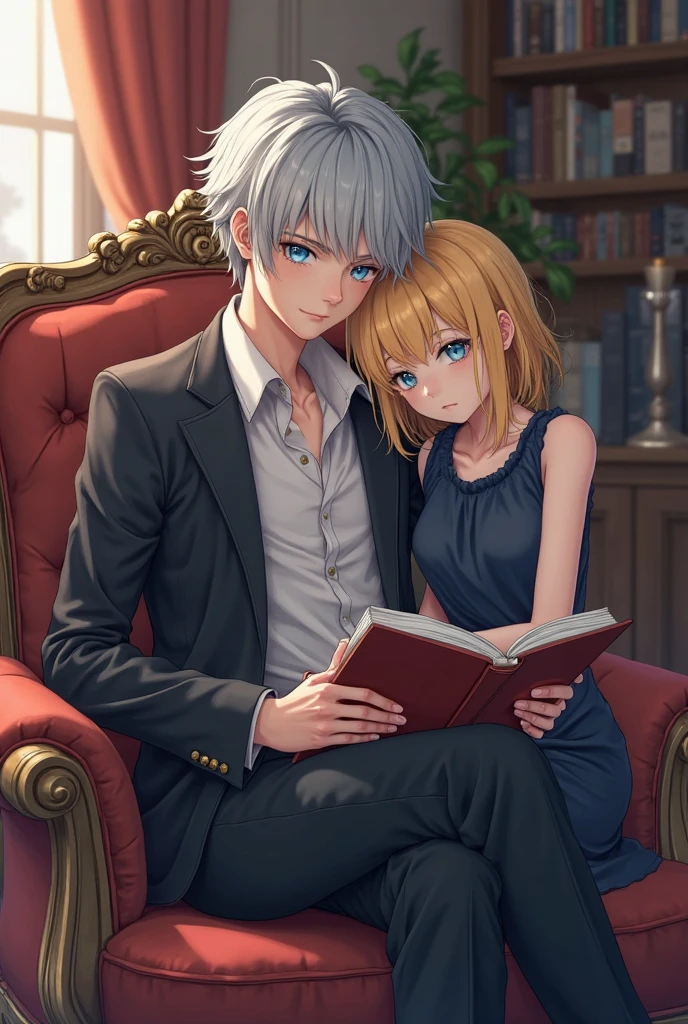 In a modern living room, filled with natural sunlight filtering through open curtains, a young man and a young woman relax together on a plush sofa. The man is distinguished by his white hair, yellow eyes, and slim frame, clad in a pristine white shirt and matching jogging pants. He holds a meticulously detailed smartphone, his expression bright with a warm smile.
Opposite him sits the young woman, her blonde hair catching the light in soft waves, complemented by piercing blue eyes. She wears a stylish blazer over a neatly pressed shirt, paired with jeans. Engrossed in a green book, she exudes an air of focused concentration.
The entire scene is a testament to artistic excellence, featuring impeccable animation and attention to detail. Both characters boast expressive eyes, flawless facial features, and hands with precise anatomical accuracy, right down to their fingers. The modern décor of the room enhances the ambiance, with carefully chosen furnishings and decorations that add to its contemporary allure.