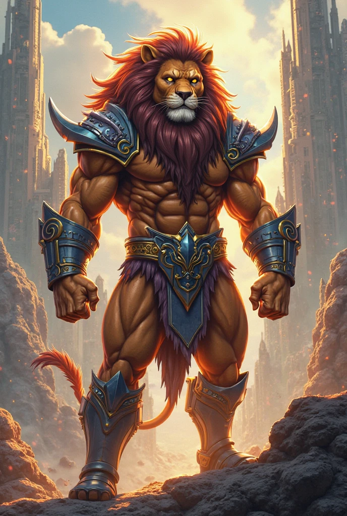 Uma imagem realista de Lion-o dos thundercats, super gigante musculoso, with muscular arms, olhos azuis, uma cauda, super peludo de pelo marrom, com as veias saltando, ombros largos, giant toned physique, veias musculares estourando, roupas apertadas rasgando, barefoot, em seu castelo, visto de frente