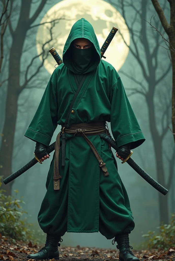 Ninja in a traditional green suit, full body, Katana on the left hip, katana on the right hip, katana wall background on the back, attack pose while holding the handle of the back katana without unsheathing, in the background of a forest with life under the moonlight, Stern gaze, suit with light leather details on the hands, legs and waist, Male ninja  