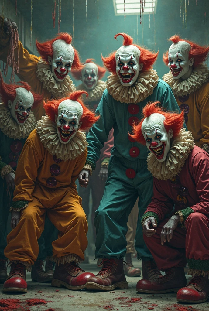 An artwork featuring three distinct killer clowns from different horror films, each with unique characteristics that differentiate them. The first clown has a grotesque, scarred face with dark, smeared makeup and a twisted grin, wearing a tattered and blood-stained costume. The second clown has a more sinister, sleek appearance with sharp, angular features, a pristine white suit, and glowing red eyes that give him a cold, calculating demeanor. The third clown is chaotic and wild, with a disheveled rainbow-colored wig, exaggerated facial makeup, and a patched-up, colorful costume that barely conceals his underlying madness.
All three clowns are standing together, animated and full of manic energy, pointing diagonally to the upper right. Their expressions are a mix of excitement, malice, and unsettling glee, as if they are reacting to something terrifyingly amusing just out of view. The direction of their gaze and gestures creates a dynamic scene, with each clown's distinct style contributing to the overall eerie and lively atmosphere