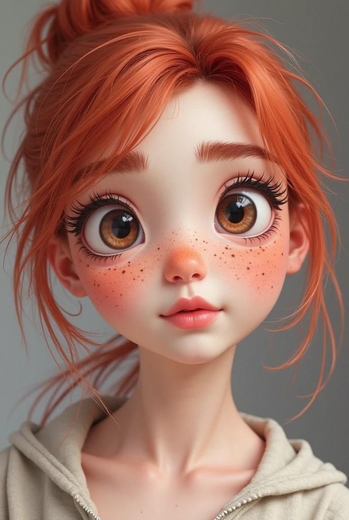 - The picture shows the face of a woman with red hair.
 - The woman's face shows small sparrow spots.
 - Female eyes are green, large, with long eyelashes
 - Woman's hair is red-orange, voluminous, and in a double-bun style
 - The woman's lips are thick and pink
 - The woman's skin is white and looks healthy
 - The woman is looking straight at the camera.
 - Woman's expression is straight and a little serious
