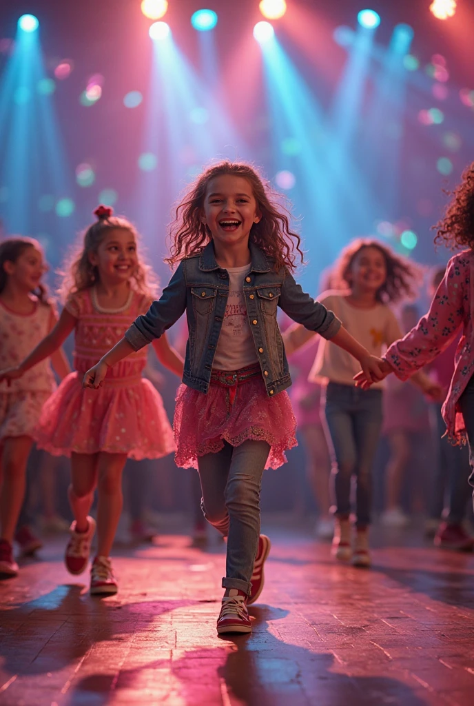 cheerful little white children dancing modern dances on stage