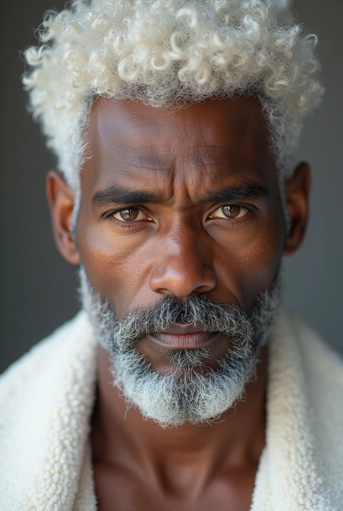 black old man, white hair, muscled body, amber eyes, extremely sexy, wearing no shirt, smiling smugly, hairy chest, sex symbol, appealing, thin white beard, defined jaw, six pack abs, rectangular face, double chin, thick lips, stylish haircut.