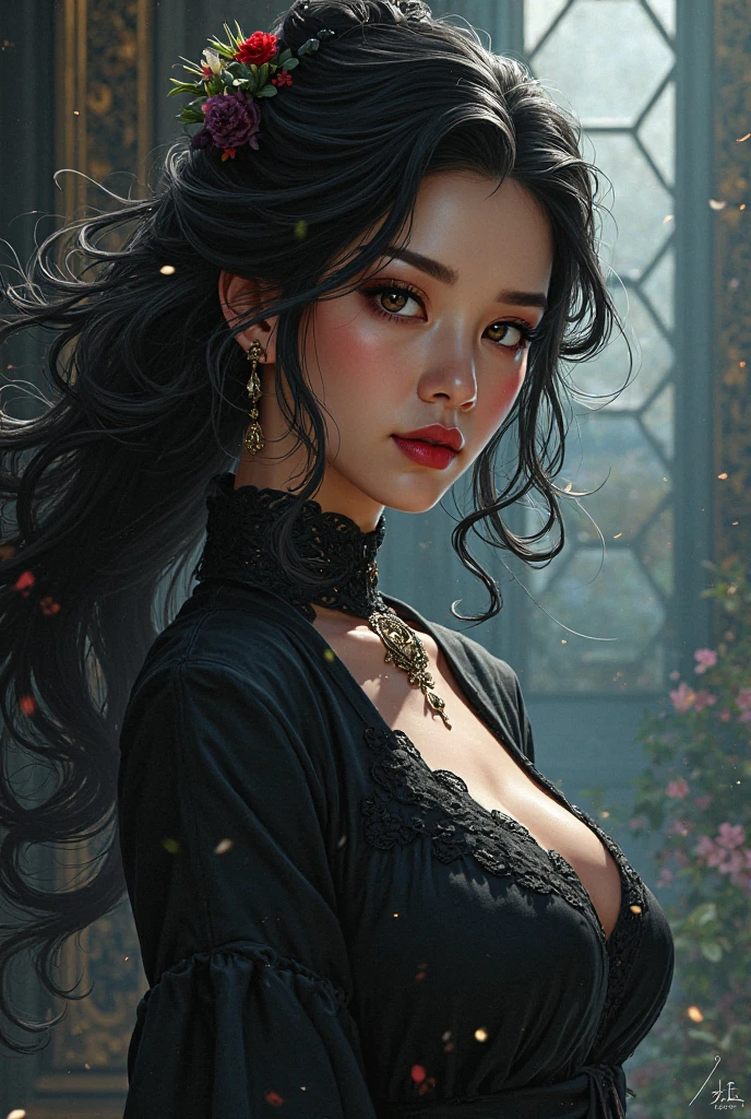 A stunningly beautiful girl standing in a field with tall grass and flowers, in a gothic style and a slight smile. She has long wavy dark hair blowing in the wind and light makeup with dark lipstick. She wears a sheer black blouse with intricate lace detailing and a deep V-neck paired with dark high-waisted trousers. She accessorized with dangling earrings and layered silver necklaces. The scene has a soft, warm glow, emphasizing the woman's serene and elegant presence in the natural surroundings. Hyperrealism, masterpiece