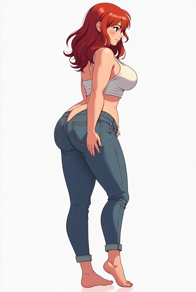 A sexy girl beautiful action big breast hair shape autumn dark red cut her eye pink eyelash fire red dresses black top short sleeve shows navel sexy curve and a denim pants brown shoe