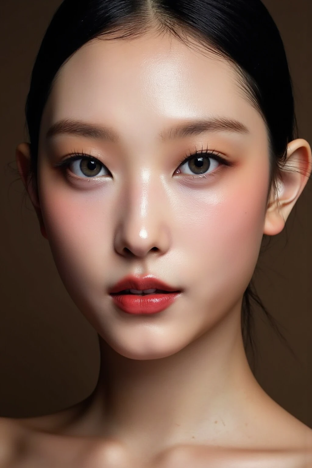(Highest quality、Tabletop、8K、Best image quality、Award-winning works)、Cute beauty、(nude:1.3)、(The simplest pure black background:1.5)、(Face close-up:1.6)、Accentuate your body lines、Beautiful and exquisite、(look straight at me:1.1)、(stand upright facing forward:1.1)、Ultra-high definition beauty face、Ultra HD Hair、Ultra HD Shining Eyes、super high quality, Bright and shiny lips、Accurate anatomy、Very beautiful skin、Ultra high resolution and beautiful, Glowing Skin、An elegant upright posture when viewed from the front、(Sweaty skin:1.1)、Damp Hair、Moisturized Skin、Beautiful perfect cheeks