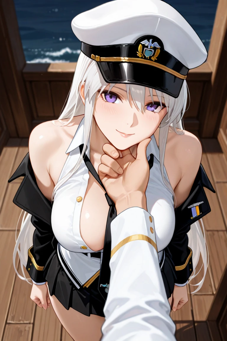 1girl,big breasts,standing in bed,(8k),detailed face,white hair,lavender eyes,very long hair,embarassed,small smile face, high_res, high_definition,sexy pose,white military hat, Lace lingerie, (Sexy lingerie Custome:1.1),