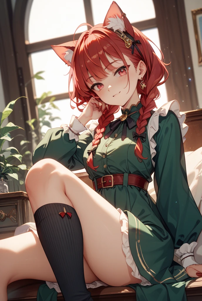 beautiful girl,red hair,lace clothes,2d illustration,goth loli,sweet loli,half twin tails,knee-high socks,inner color green,big,super cute,(best quality),full body ,(masterpiece),(super detailed),one,red eyes,long hair --auto