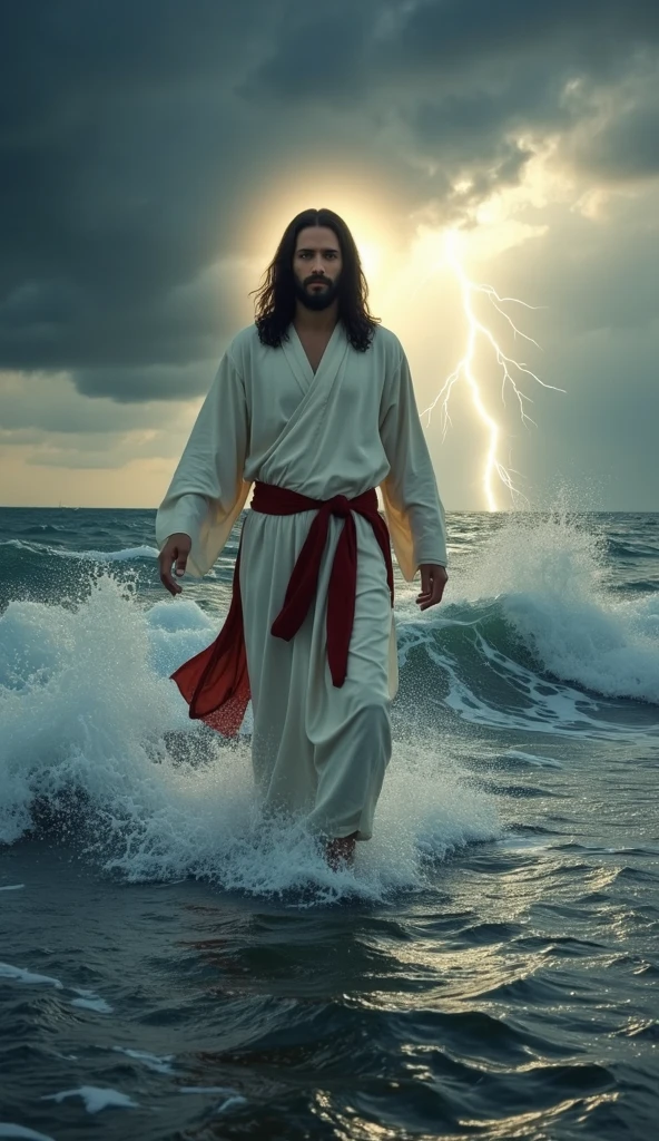 Jesus Christ walking on water in a storm, white robes, waves, soft expression, dark sky with lightning, lightning, photo realism, masterpiece, high quality, high quality, highly detailed CG unit 8k wallpaper, award-winning photos, bokeh, depth of field, HDR, bloom, chromatic aberration, realistic, very detailed, trend in CGsociety, complex, high detail, dramatic, volumetric lighting
