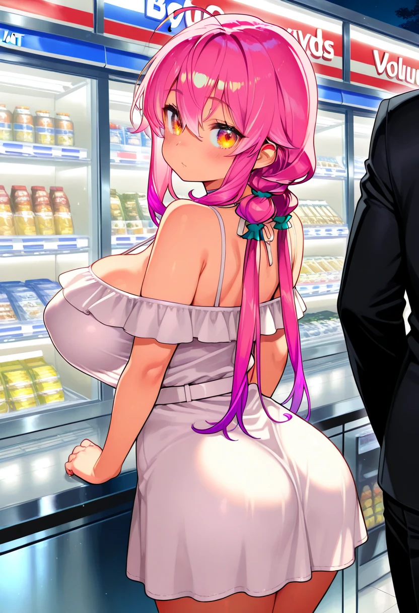 16yo girl, light pink hair, hime cut, long hair, J cup breast, thicc thigh, perfect body, micro , mini white tank top, minimarket view, clear view, bend down, thong show off